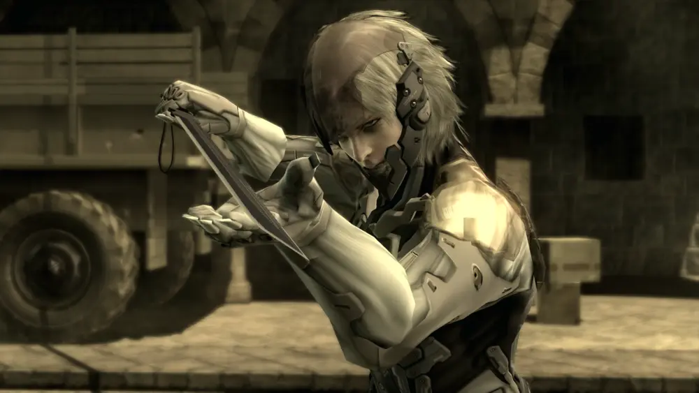 Raiden convertido en cyborg durante una secuencia de acción de Metal Gear Solid 4
