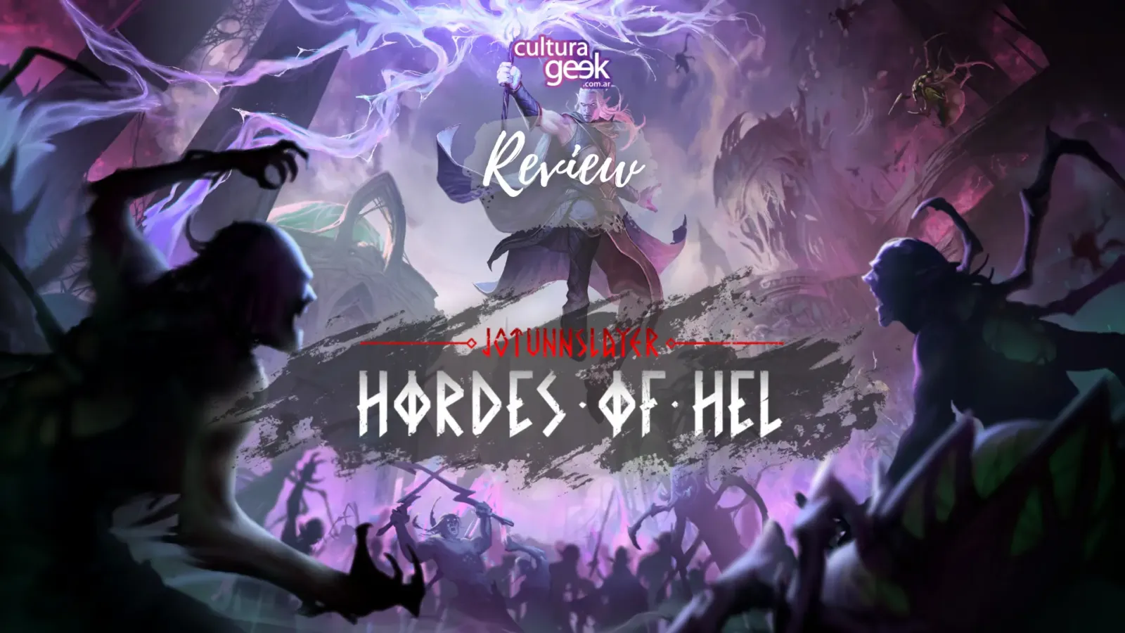 Placa de review de Jotunnslayer Hordes of Hel de Cultura Geek con el logo del juego