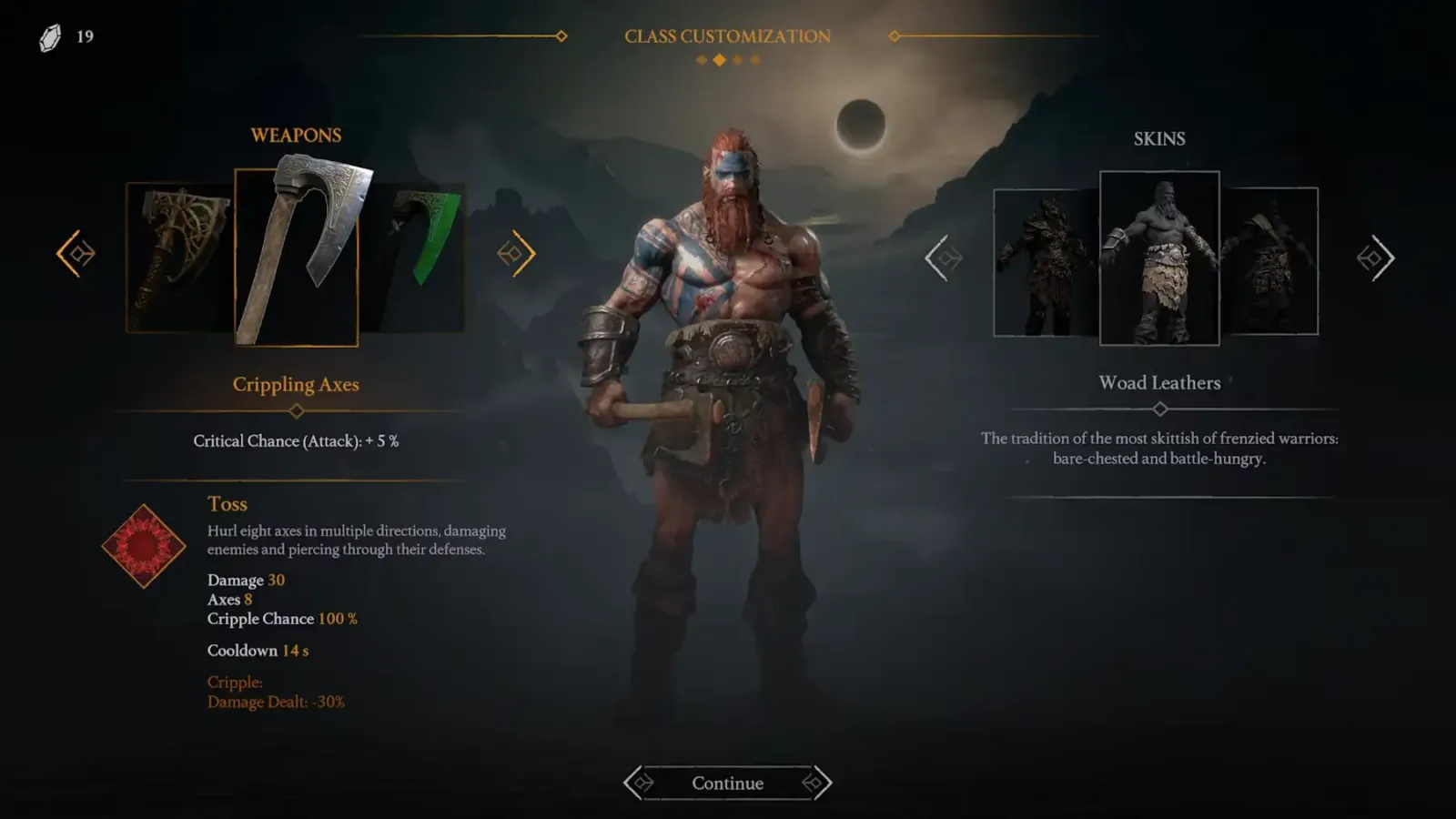 Pantalla de personalización de clase de Jotunnslayer Hordes of Hel con armas, skins y estadísticas