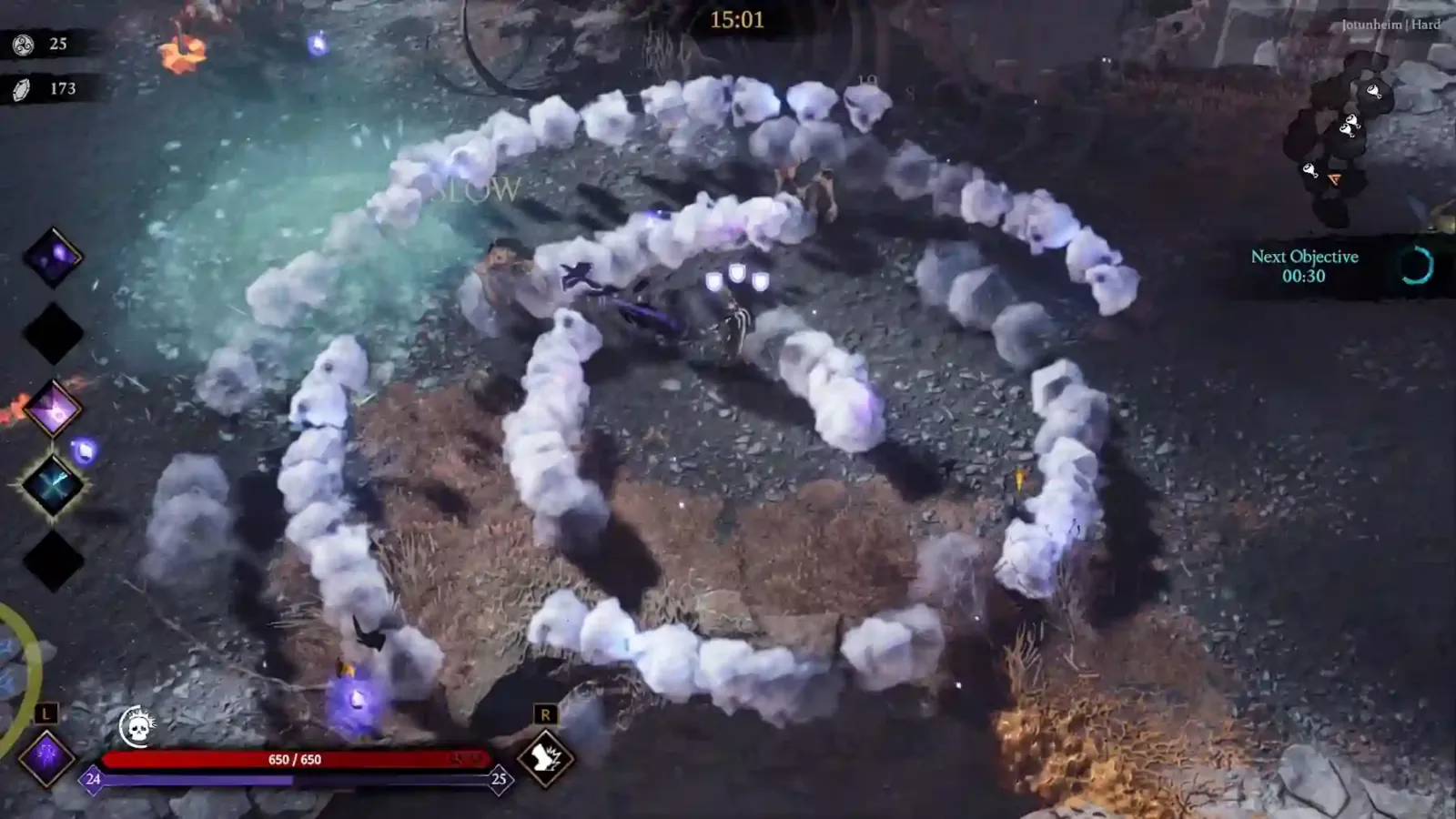 Enemigos avanzando en formación sobre el personaje en un mapa de Jotunnslayer Hordes of Hel