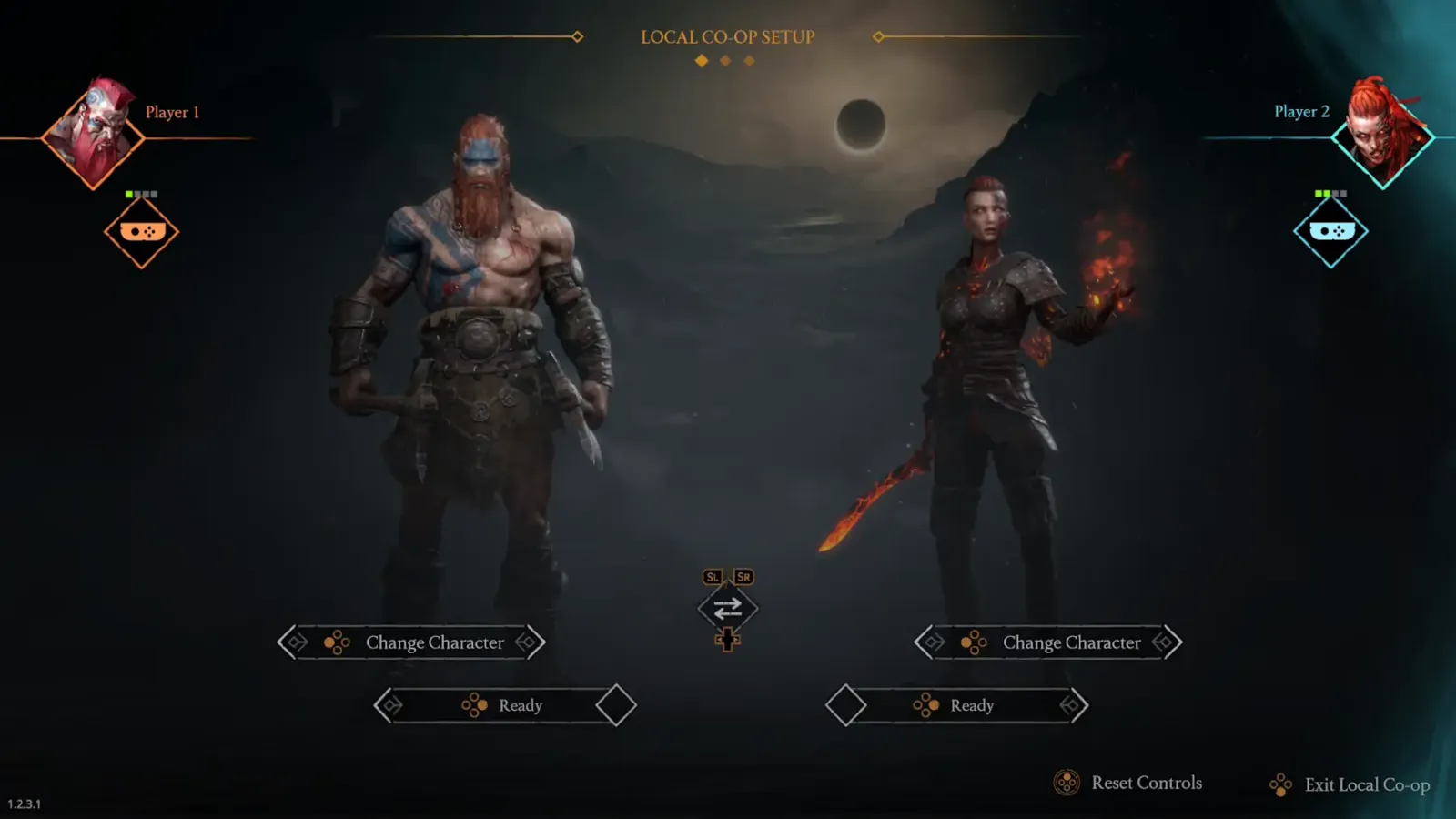 Pantalla de configuración del co-op local de Jotunnslayer Hordes of Hel con dos personajes a elección
