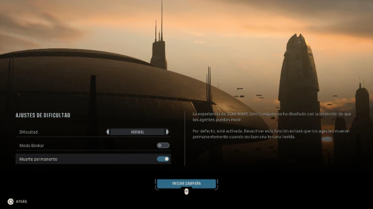 Menú de ajustes de dificultad de Star Wars: Zero Company, donde se activa el Modo Beskar