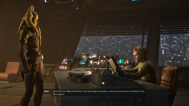 Escena de diálogo a bordo de la nave de la Compañía Zero, con Hawks al mando