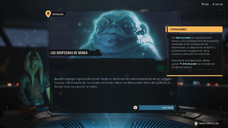Pantalla de decisión con Gorga el Hutt, uno de los empleadores habituales de la Compañía Zero