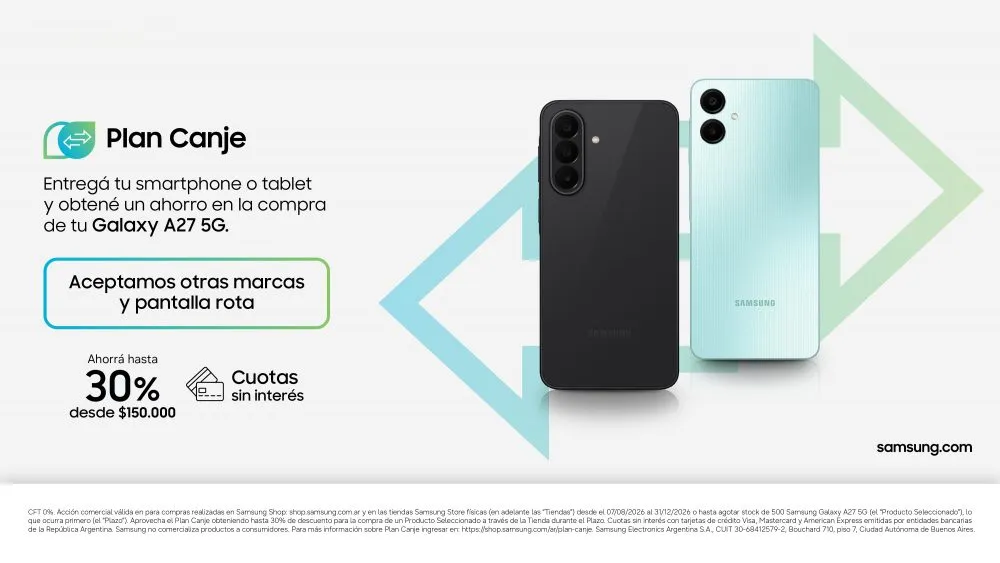 Placa del Plan Canje de Samsung para el Galaxy A27 5G, con hasta 30% de ahorro entregando un equipo usado