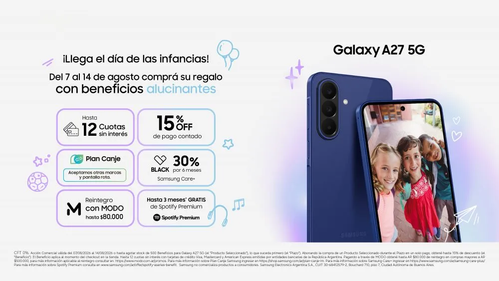 Placa oficial de Samsung con los beneficios de lanzamiento del Galaxy A27 5G: 12 cuotas, 15% de descuento y reintegro con Modo