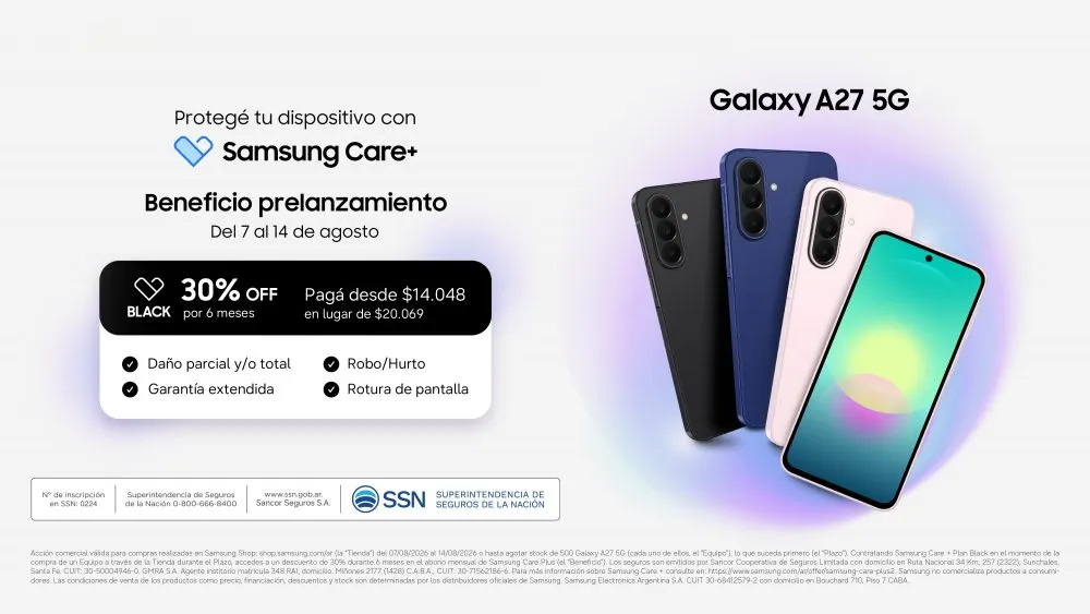 Placa de Samsung Care+ para el Galaxy A27 5G, con 30% de descuento en el Plan Black durante seis meses