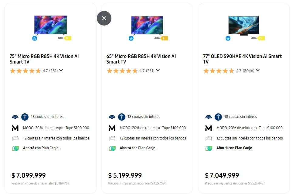 Precios de los televisores Samsung Vision AI en la tienda online de Argentina