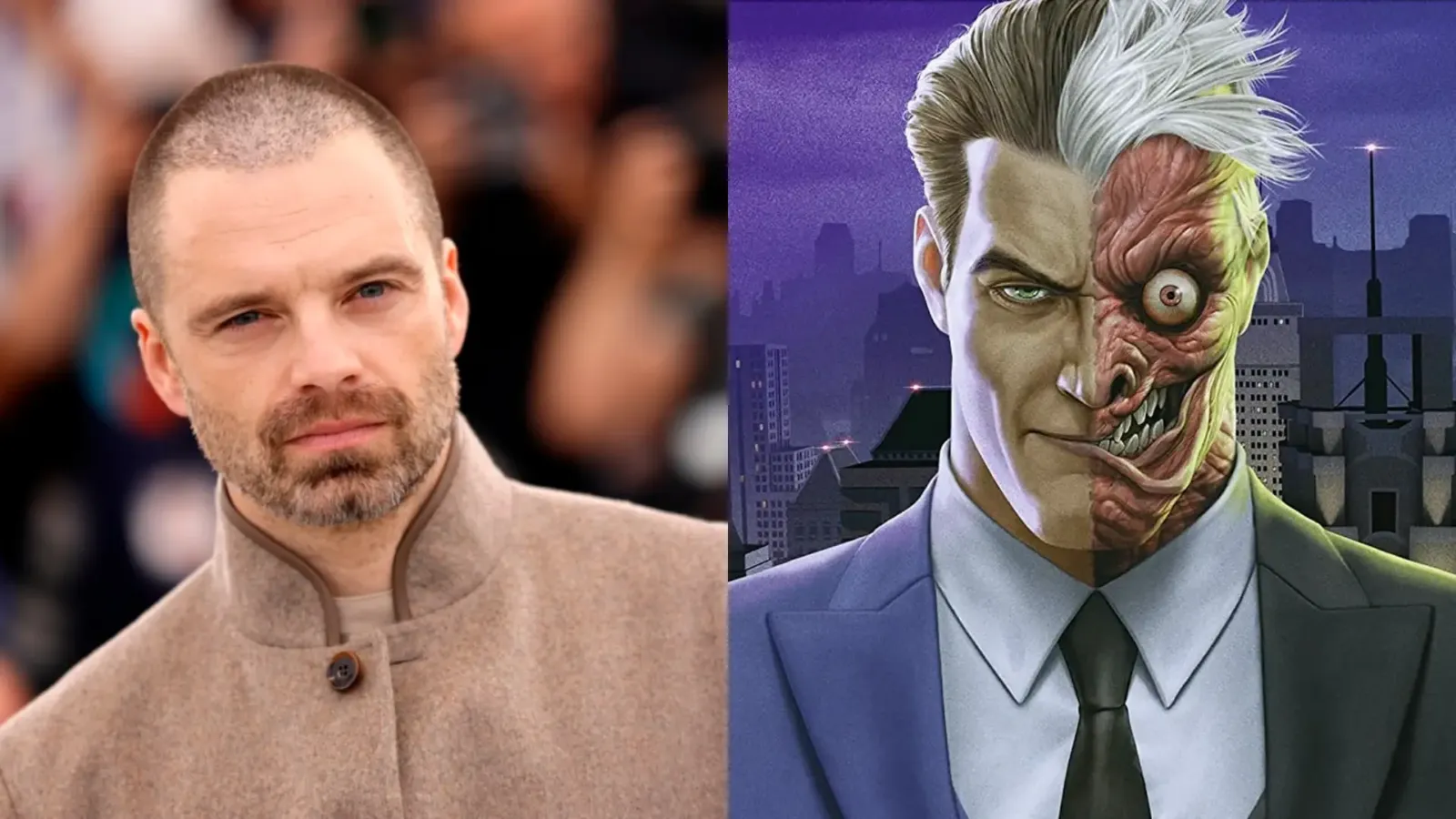 Sebastian Stan junto a una ilustración de Harvey Dent convertido en Dos Caras