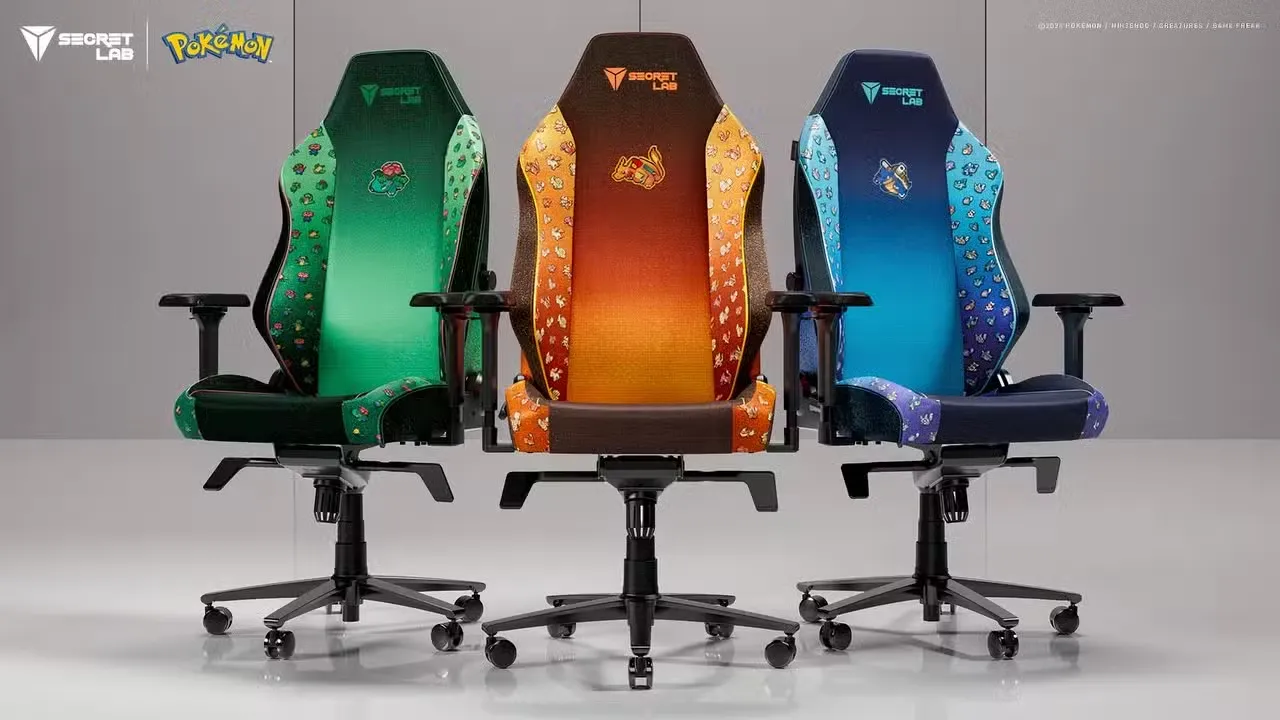 Tres sillas Secretlab TITAN Evo con fundas Pokémon de tipo Planta, Fuego y Agua