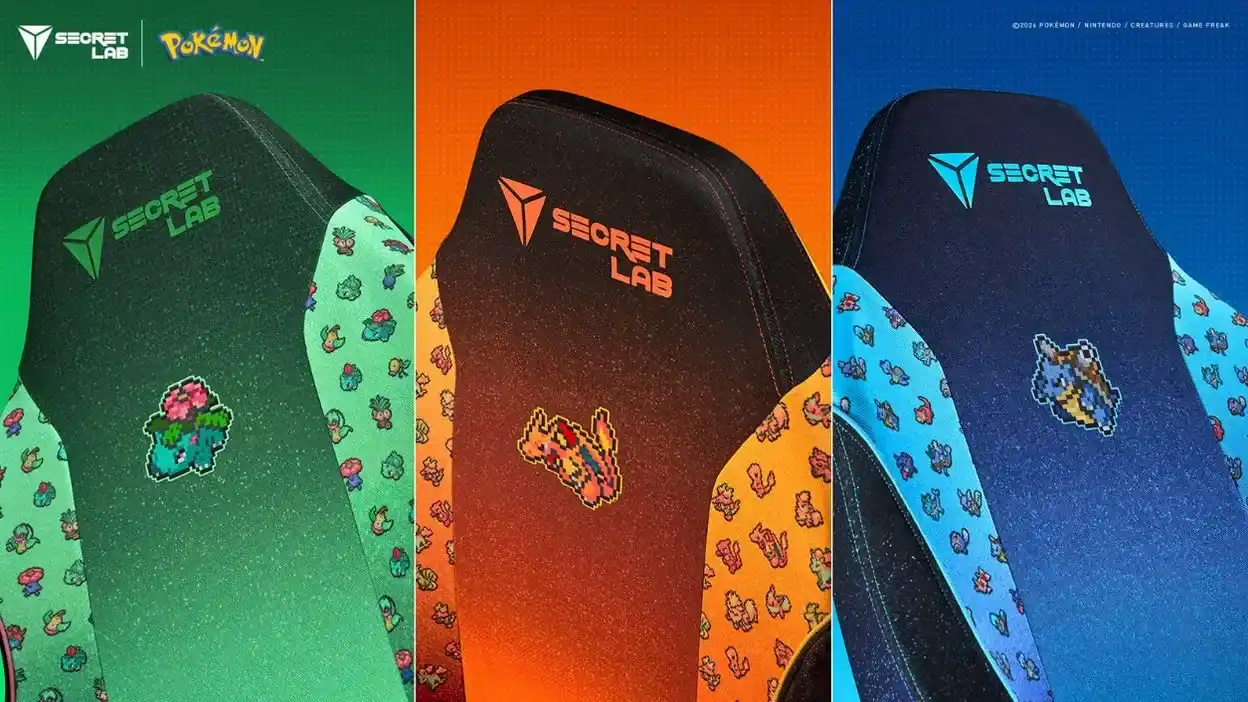 Detalles de las fundas Secretlab SKINS Pokémon de tipo Planta, Fuego y Agua