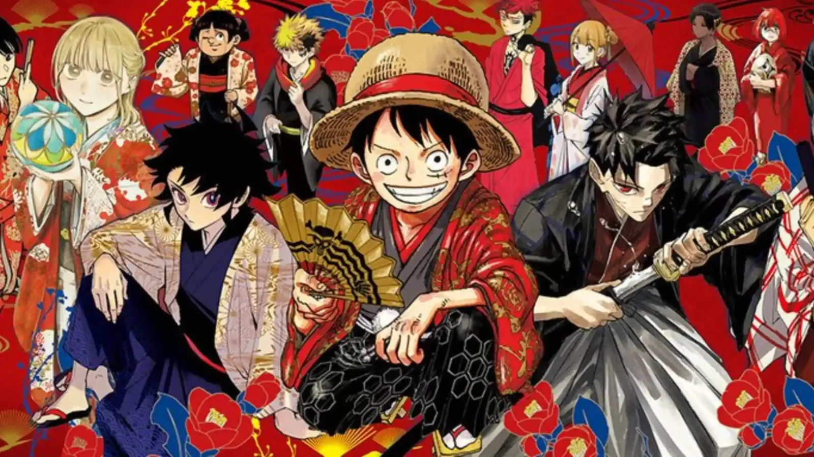 Ilustración grupal con Luffy y otros protagonistas de mangas publicados en la revista Shonen Jump