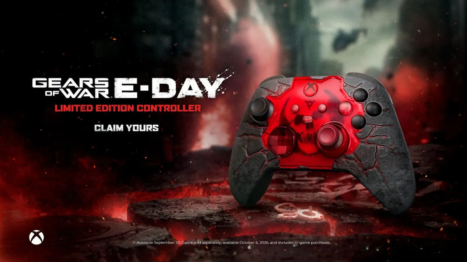 Arte promocional del control Xbox Gears of War E-Day Edición Limitada sobre un escenario de guerra en el planeta Sera