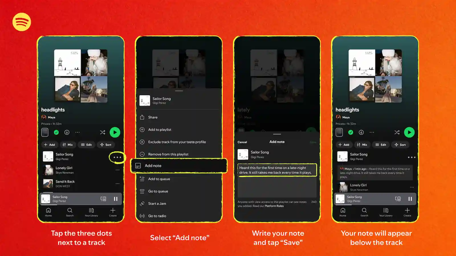 Paso a paso en Spotify para abrir el menú de una canción, elegir Add note, escribir una nota y verla debajo de la pista