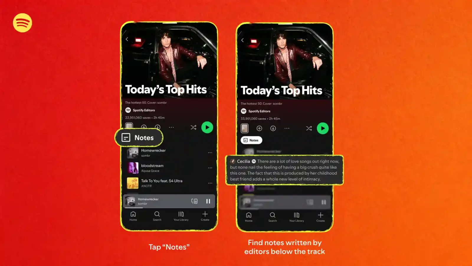 Dos pantallas de Spotify muestran el botón Notes y una nota de editor debajo de una canción en Today's Top Hits