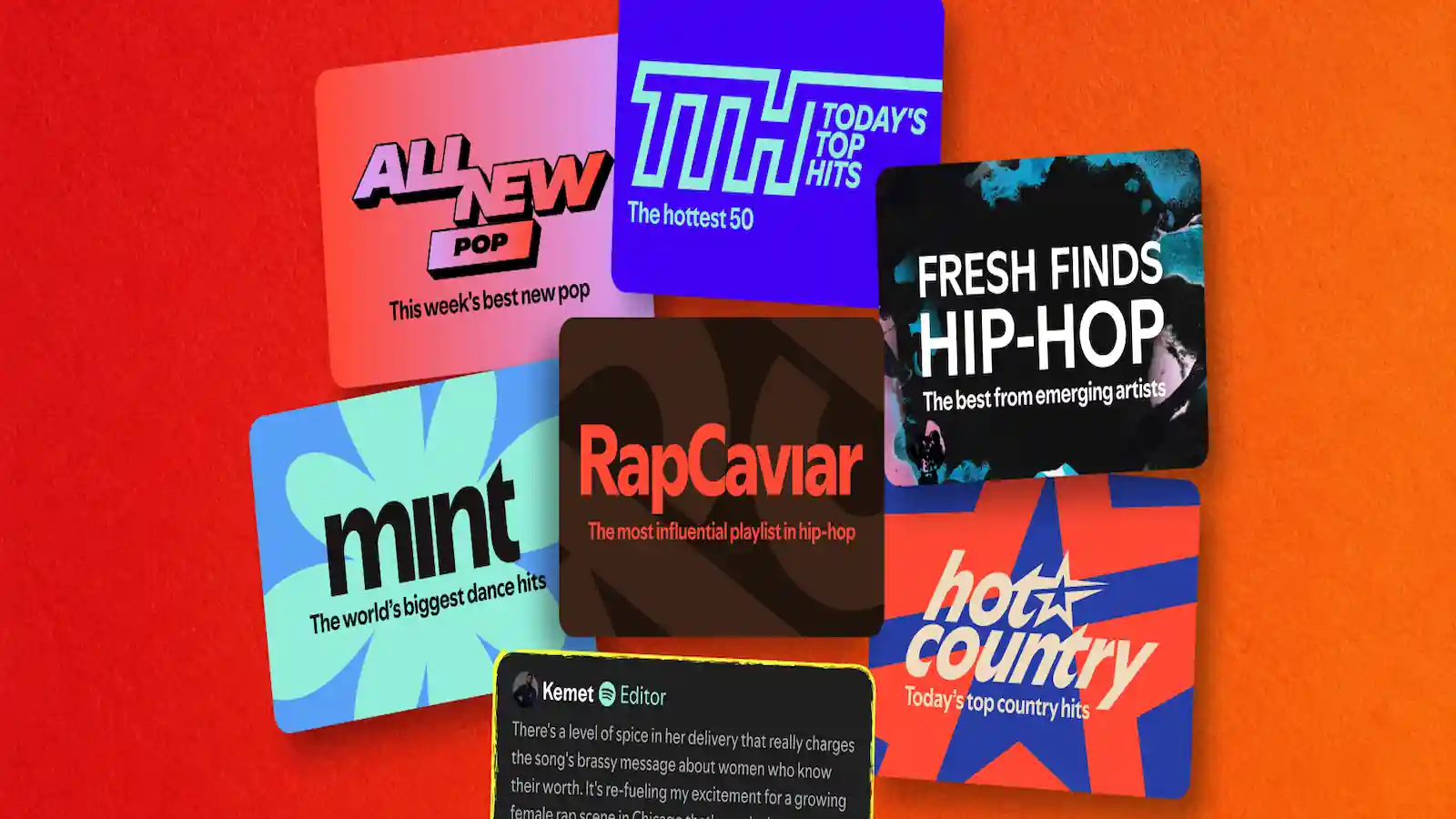 Playlists de Spotify, entre ellas Today's Top Hits y RapCaviar, con una nota de editor al frente
