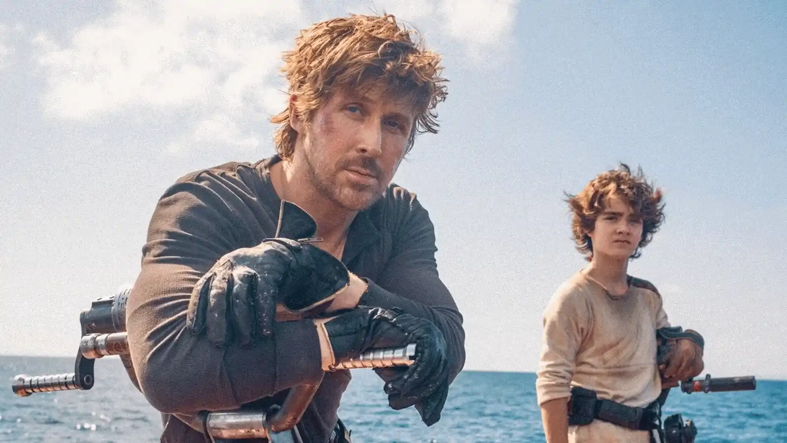 Ryan Gosling como Kade Auberon junto a Flynn Gray en la película Star Wars: Starfighter