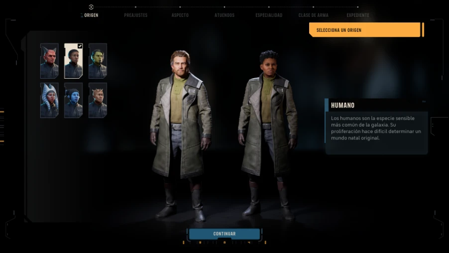 Pantalla de creación de personaje de Star Wars: Zero Company con la selección de origen humano