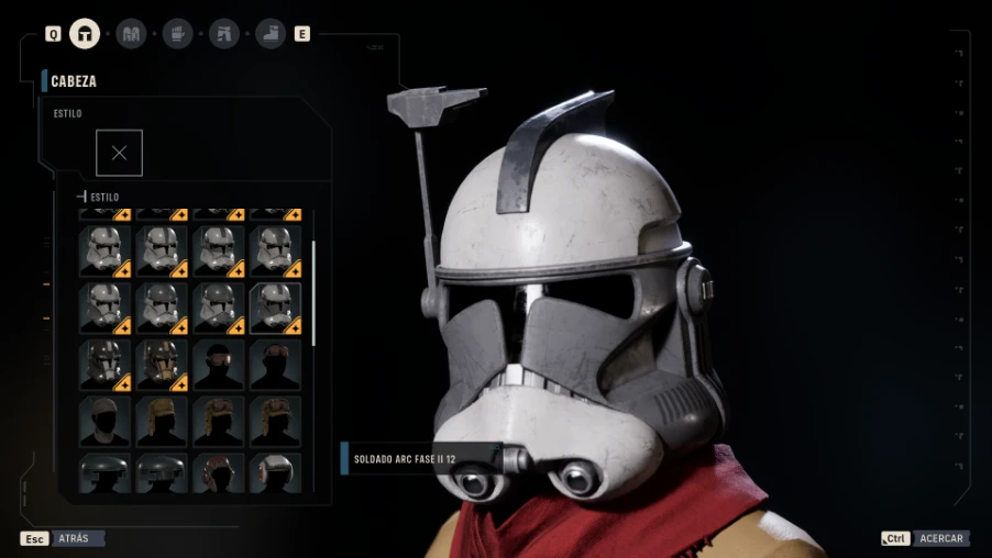 Selección de casco de soldado clon en el editor de personaje de Star Wars: Zero Company