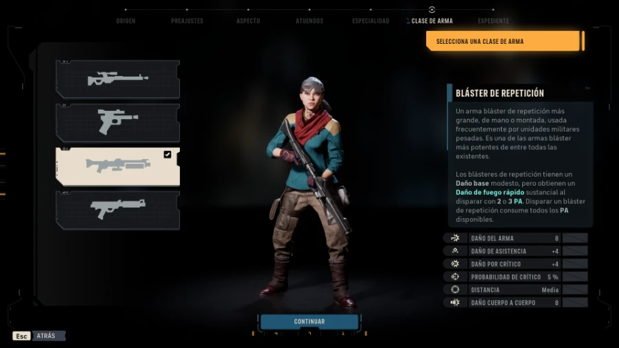 Pantalla de selección de arma en Star Wars: Zero Company con las estadísticas del bláster de repetición