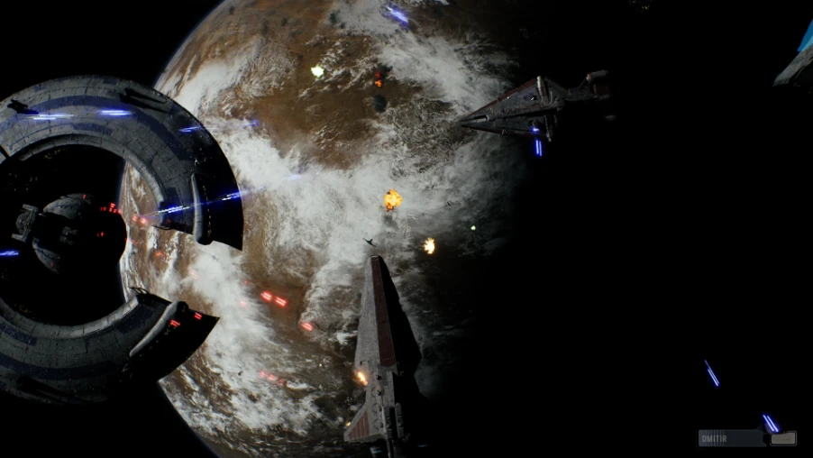 Batalla espacial entre naves de la República y un acorazado separatista sobre un planeta, en una cinemática de Star Wars: Zero Company