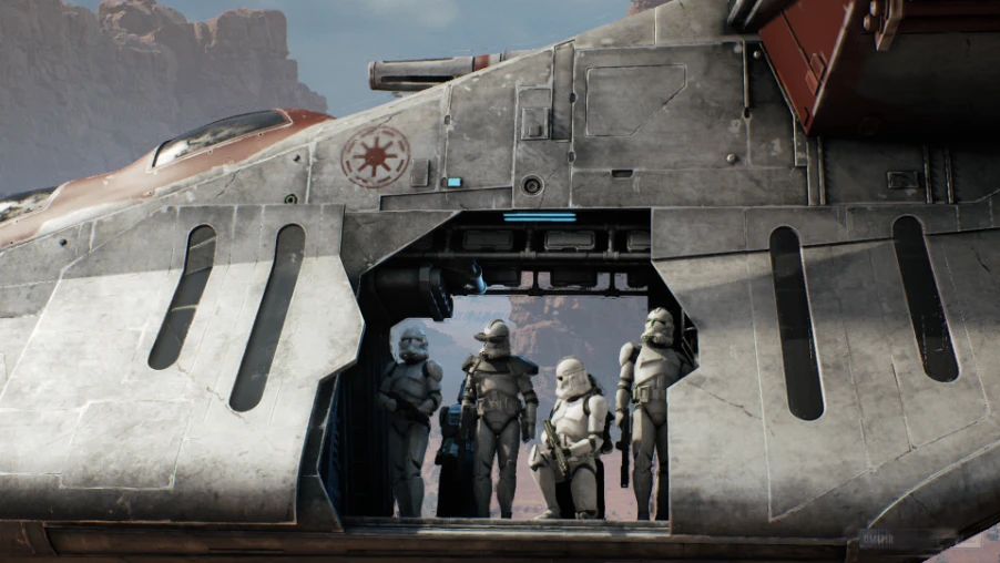 Soldados clon bajando de una nave de la República en Star Wars: Zero Company