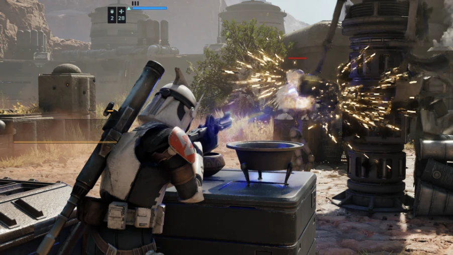 Un soldado clon dispara desde una cobertura en un mapa desértico de Star Wars: Zero Company