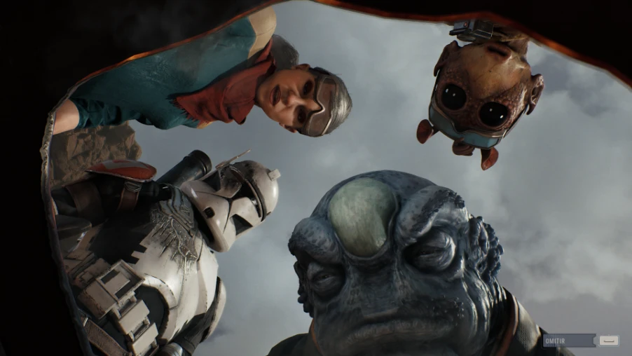 Secuencia cinemática de Star Wars: Zero Company con un soldado clon y un personaje alienígena
