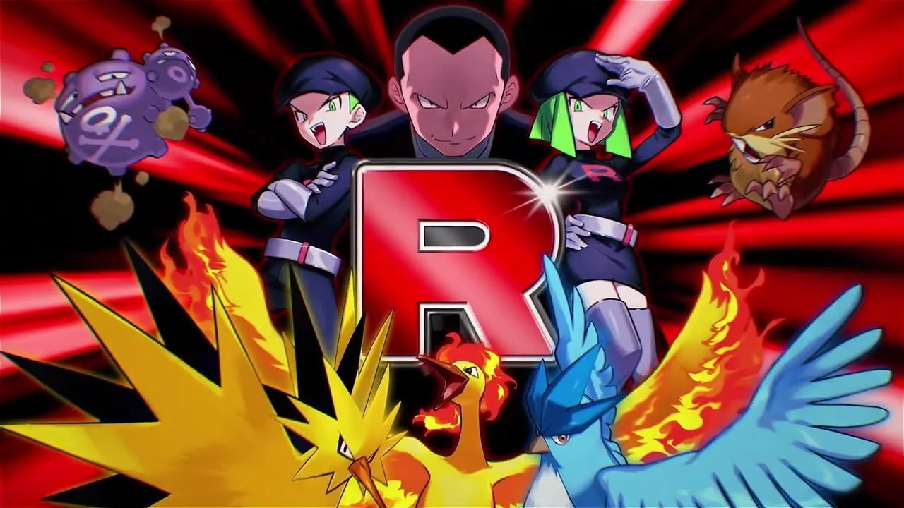 Arte oficial de La Ambición del Team Rocket en Pokémon Pocket, con la R roja y los pájaros legendarios