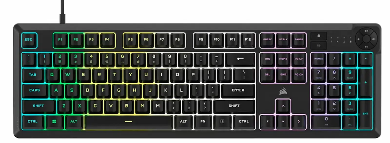 Teclado gamer Corsair K55 Core con la iluminación RGB de diez zonas encendida