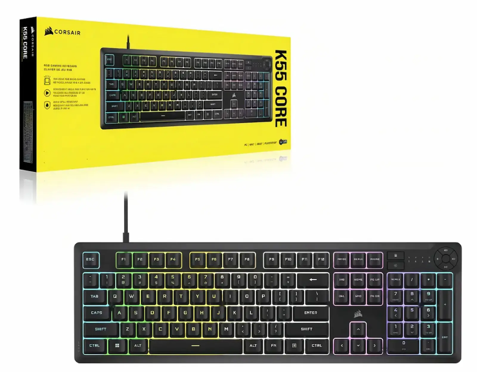 Caja del teclado Corsair K55 Core y el teclado con retroiluminación RGB encendida