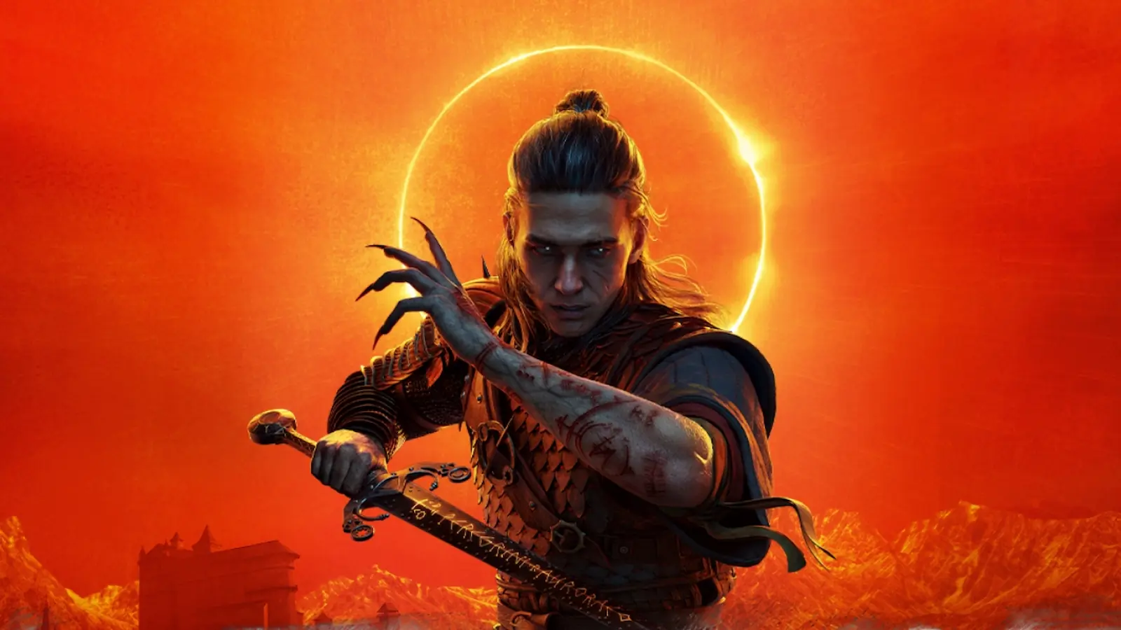 Coen, el protagonista mitad humano y mitad vampiro de The Blood of Dawnwalker, frente a un eclipse rojo