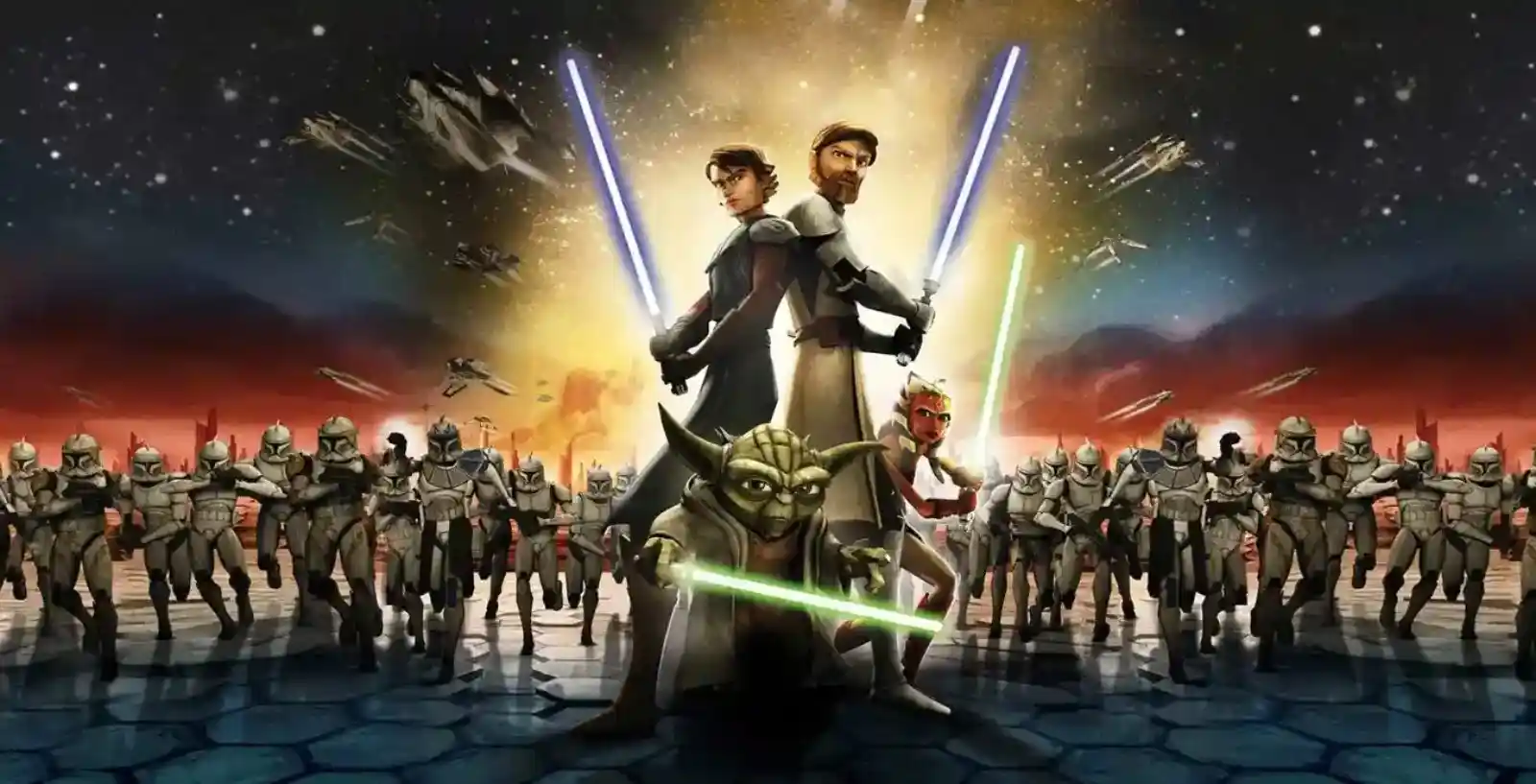 Anakin Skywalker, Obi-Wan Kenobi y Ahsoka Tano al frente del ejército clon en el arte de The Clone Wars