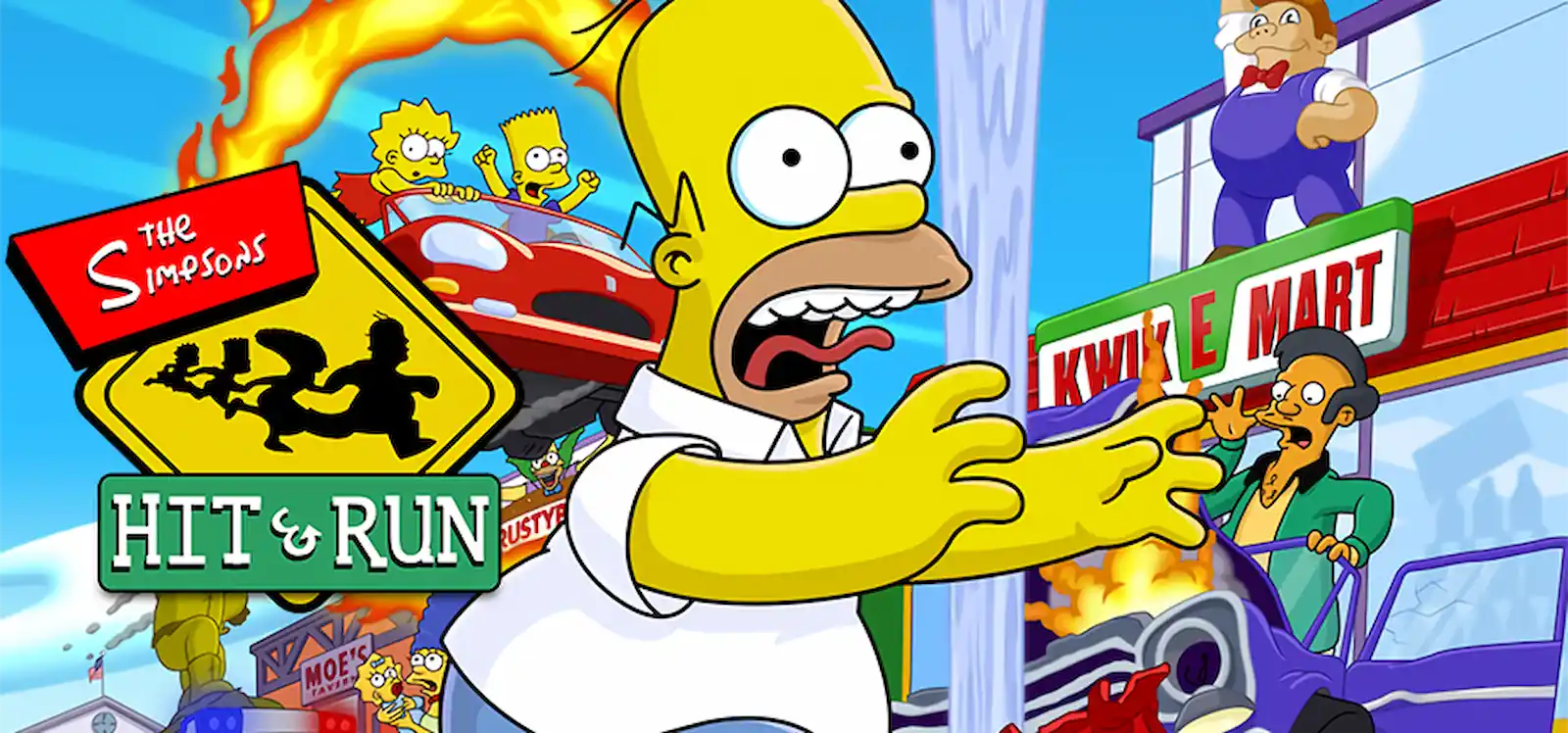 Arte oficial de The Simpsons: Hit & Run con Homero escapando de un auto en llamas frente al Kwik-E-Mart