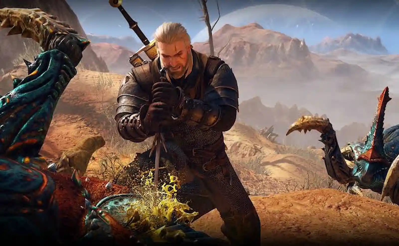Geralt de Rivia en guardia frente a dos monstruos en un paisaje montañoso de The Witcher 3 Remastered