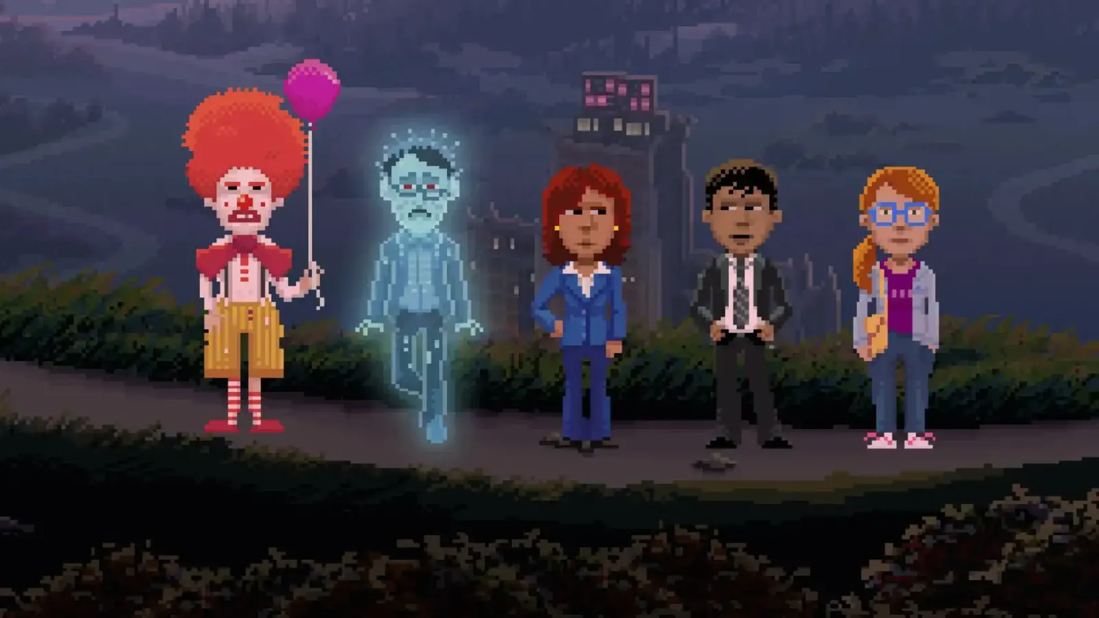 Personajes principales de Thimbleweed Park reunidos de noche