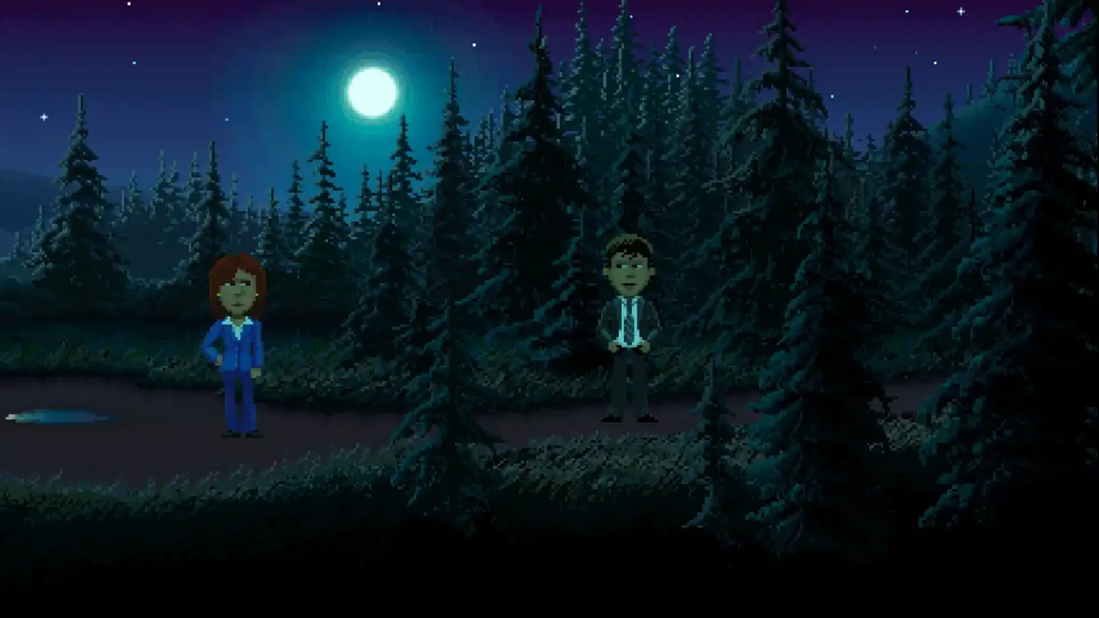 Ray y Reyes investigan de noche en Thimbleweed Park 2