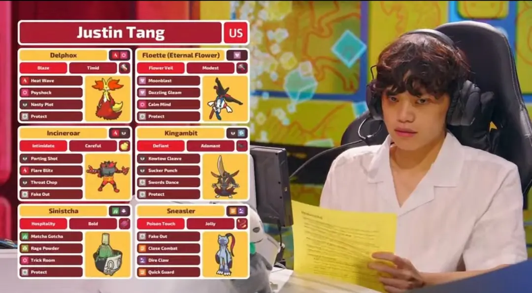 Justin Tang durante una partida de Pokémon VGC con su equipo en pantalla