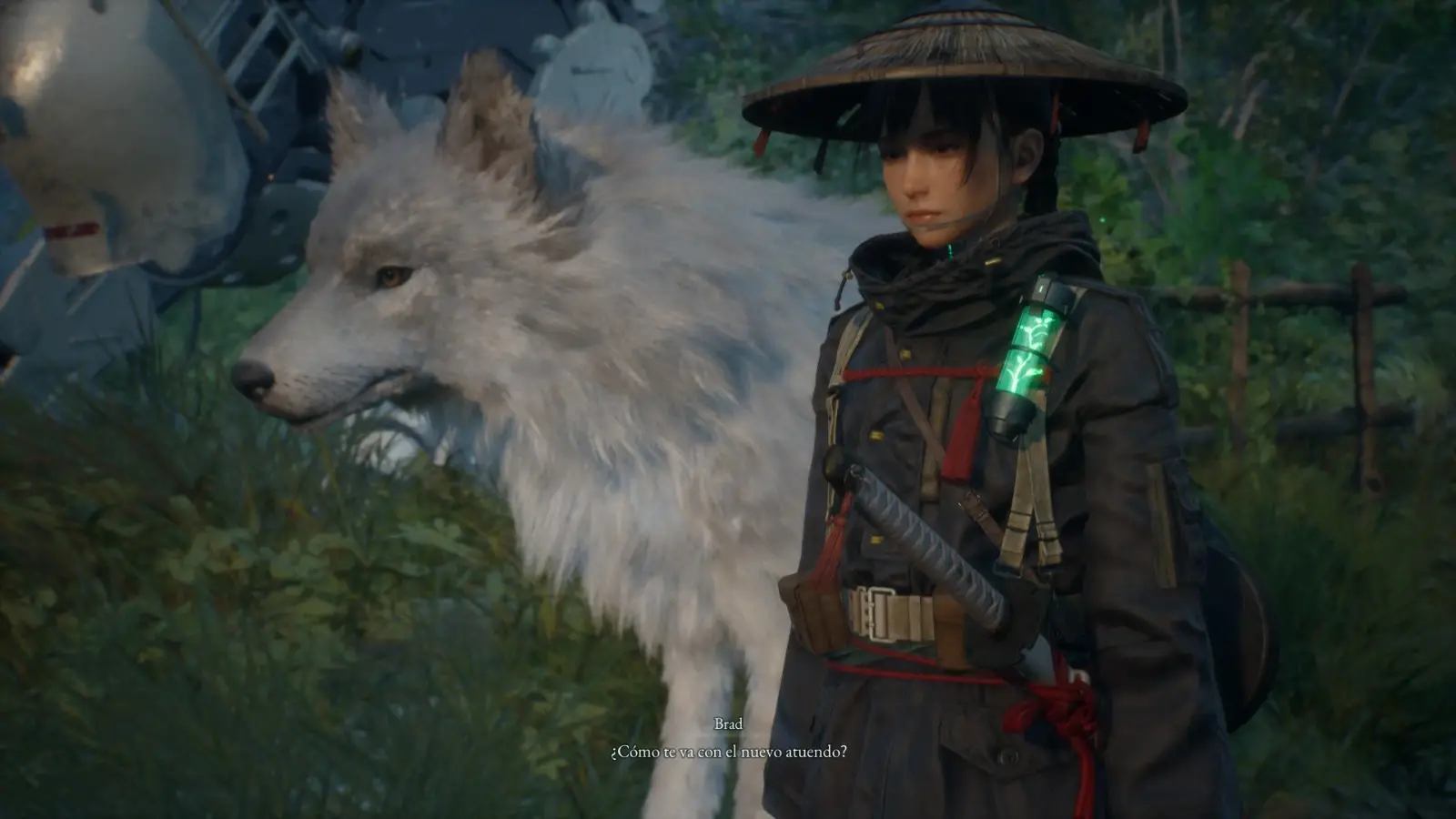 Koo, el compañero canino de Beast of Reincarnation, junto a Emma en el bosque