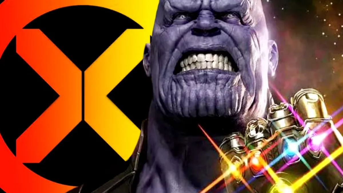 Montaje del logo de X-Men junto a Thanos con el Guantelete del Infinito