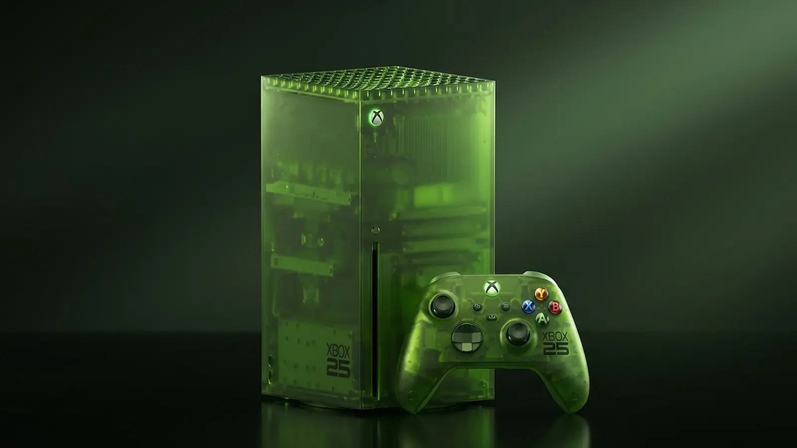 Consola Xbox Series X translúcida verde con su control, la plataforma que suma los logros de platino