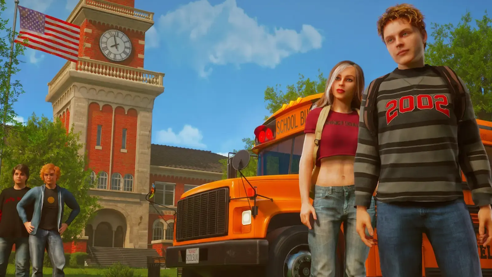 Escena de Agefield High: Rock the School con el protagonista Sam en el patio del colegio
