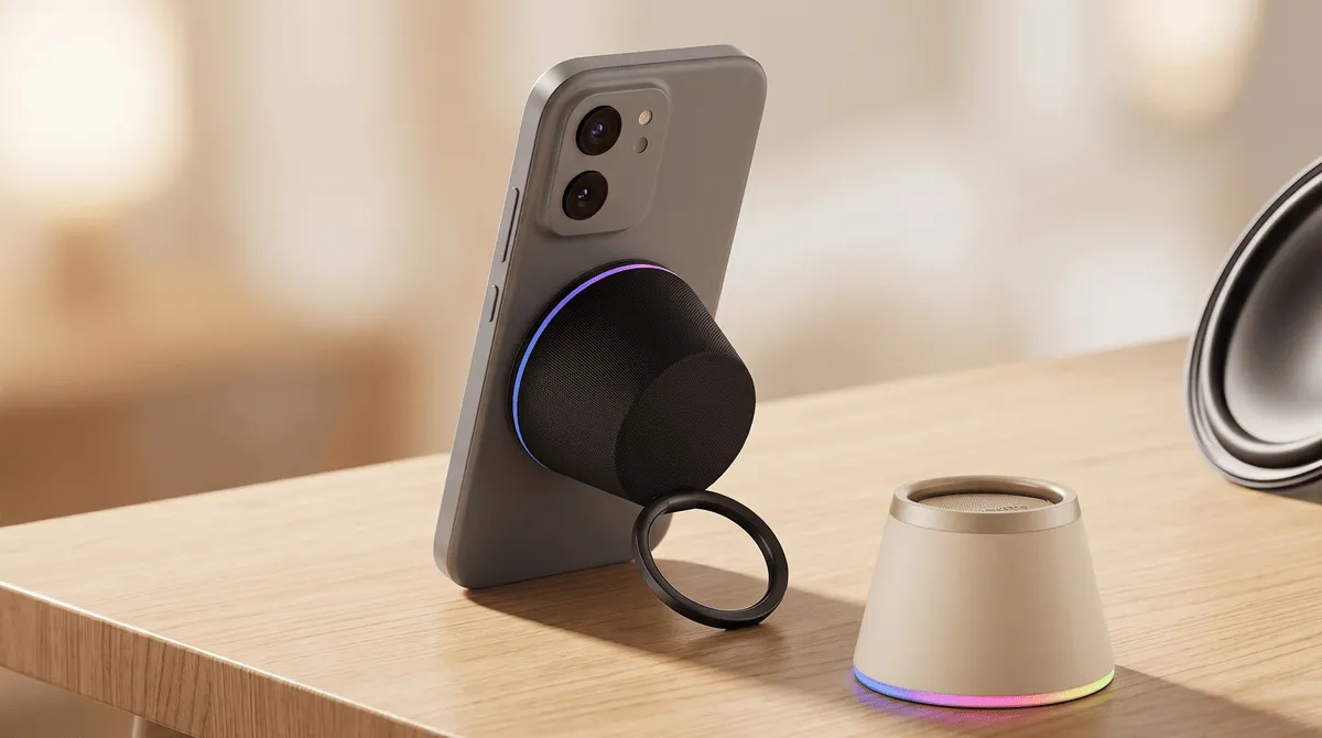 Parlante magnético de Xiaomi pegado a la parte trasera de un celular y usado como soporte sobre un escritorio