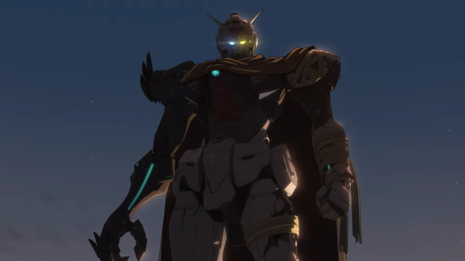 Mecha oscuro con capa del anime Gundam RG XARX-ZERO recortado contra el cielo nocturno