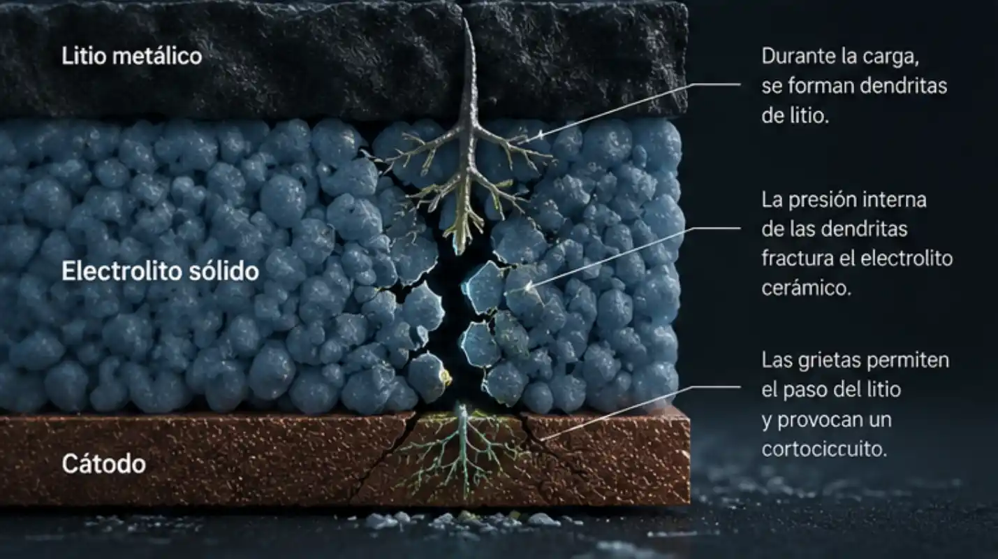 Esquema del avance de una dendrita de litio que fractura el electrolito sólido y provoca un cortocircuito