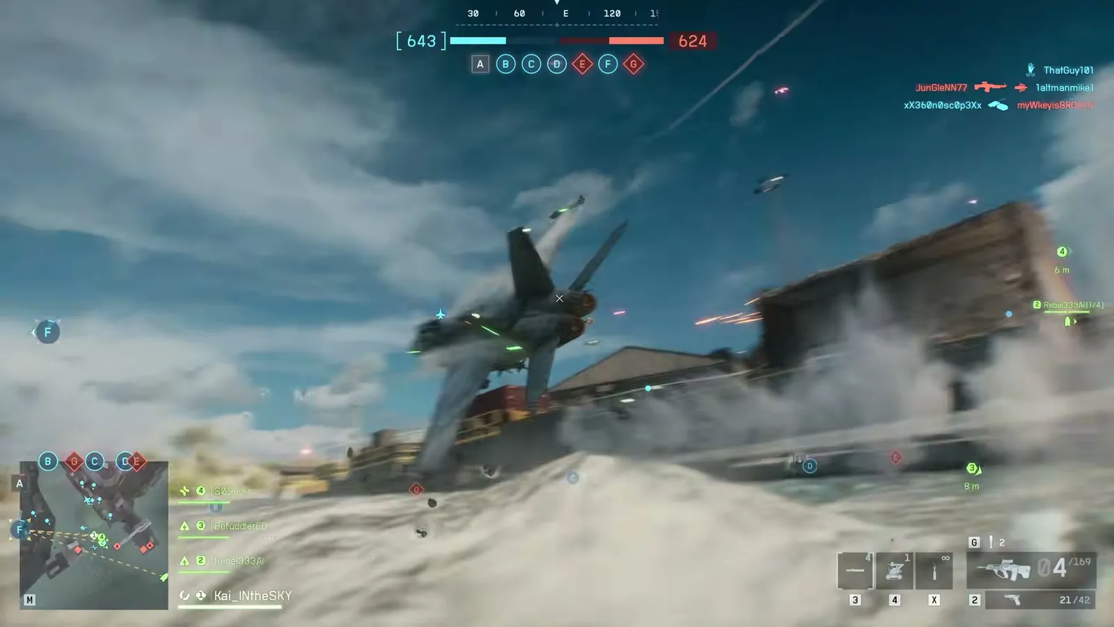 Caza pasando a baja altura sobre la costa del mapa Wake Island de Battlefield 6