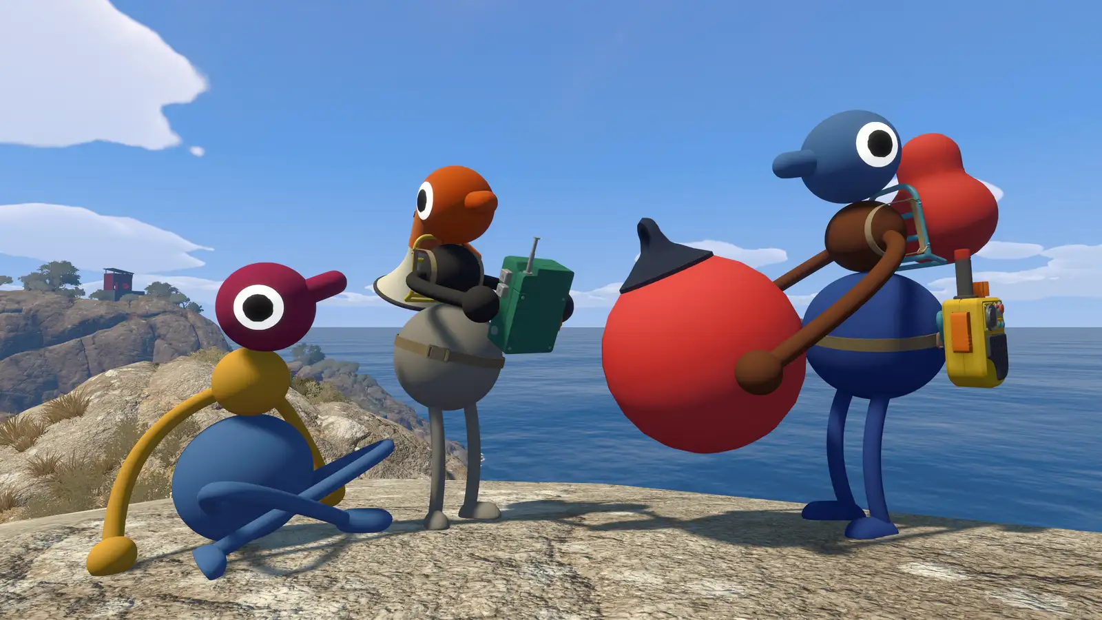 Cuatro personajes de Big Walk con distintos colores en cada segmento del cuerpo, parados sobre una roca frente al mar