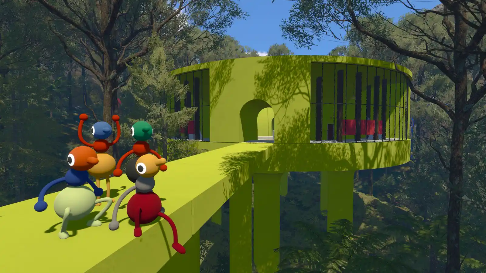 Cuatro personajes de Big Walk reunidos sobre la pasarela de un edificio verde en el bosque
