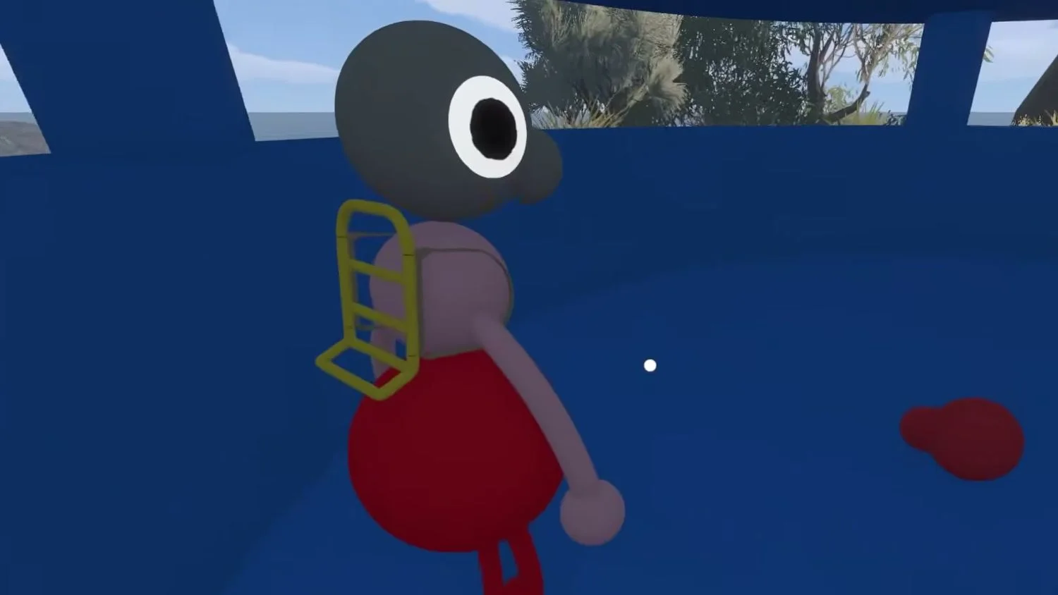 Personaje rojo de Big Walk visto de perfil con una mochila de armazón amarillo en la espalda