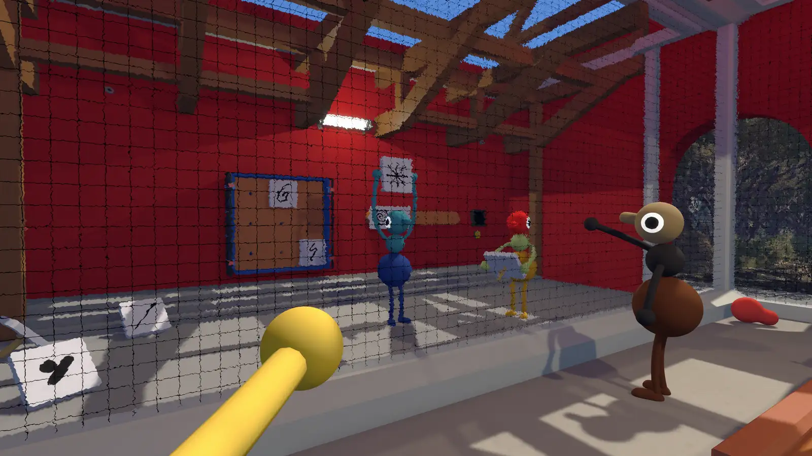 Varios personajes de Big Walk dentro de una sala de paredes rojas con una pizarra y un tubo amarillo